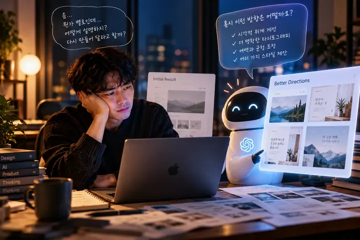 사람이 느끼는 막연한 디자인 불만을 AI가 점검 항목과 서로 다른 개선 시안으로 구체화하는 협업의 개념 장면