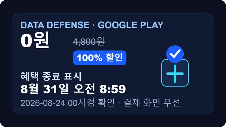 Data Defense가 Google Play에서 정상가 4,800원에서 100% 할인되어 0원이며 2026년 8월 31일 오전 8시 59분까지로 표시된 무료 배포 조건을 보여주는 인포그래픽