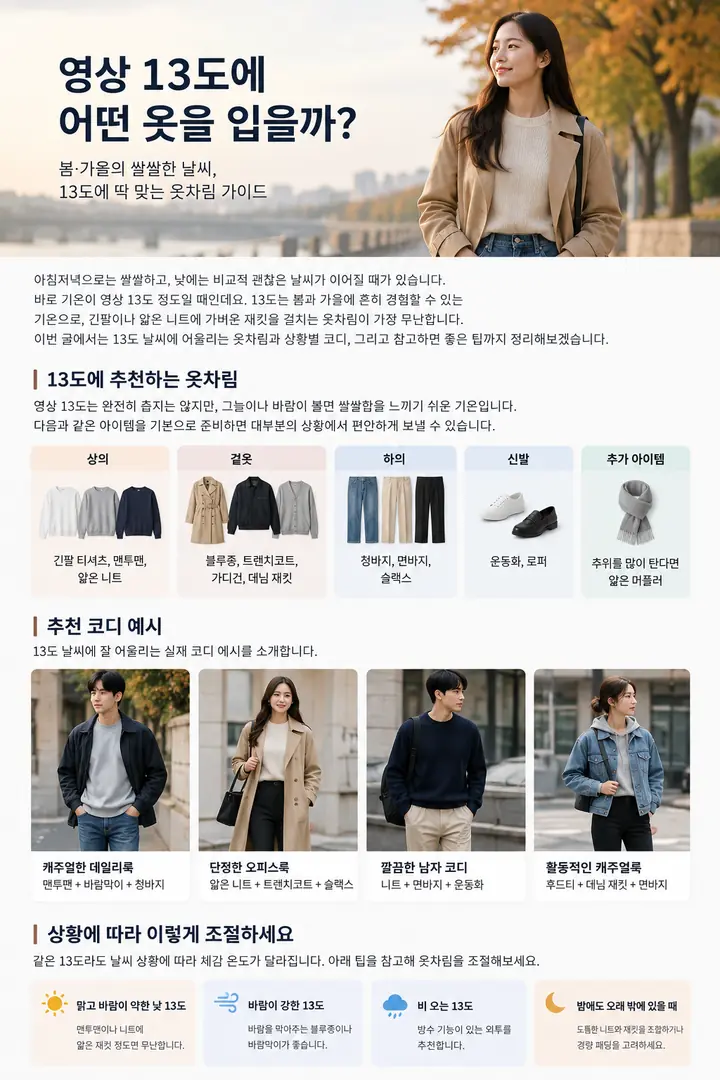 영상 13도에 어울리는 상의와 겉옷, 바지와 신발 조합, 캐주얼·단정한 코디 및 바람과 비 상황을 한눈에 비교한 편집용 이미지