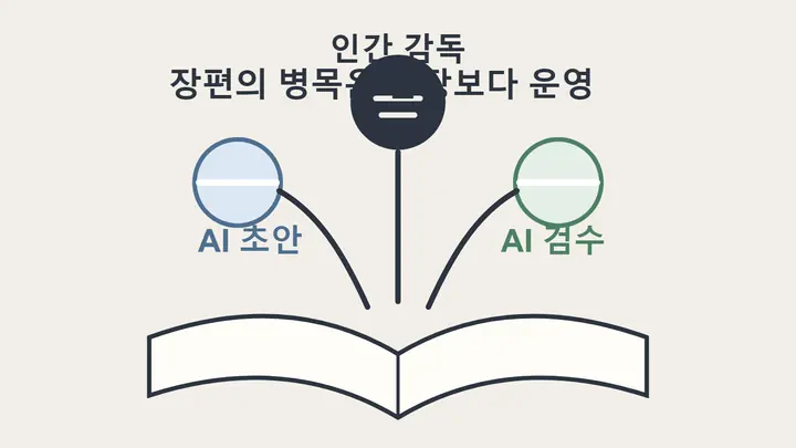 책과 AI 네트워크, 노트북, 데이터 차트가 함께 배치된 AI 소설 쓰기 대표 이미지