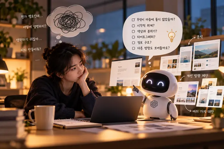 기대에 못 미치는 디자인 앞에서 생각에 잠긴 사람과, 문제를 분석해 대안을 제시하는 AI를 대비한 상상 속 작업 장면
