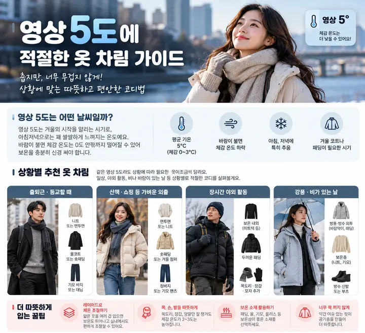 출퇴근용 코트, 가벼운 외출용 숏패딩, 오래 머무는 야외 활동용 두꺼운 패딩, 비바람에 대비한 방수 외투를 인물과 옷가지로 비교한 코디 예시