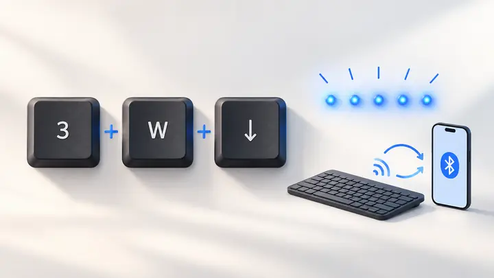 스마트 키보드 트리오 500 연결 오류에 사용하는 3·W·아래 방향키 동시 입력과 파란색 LED 다섯 차례 점멸을 표현한 편집용 일러스트