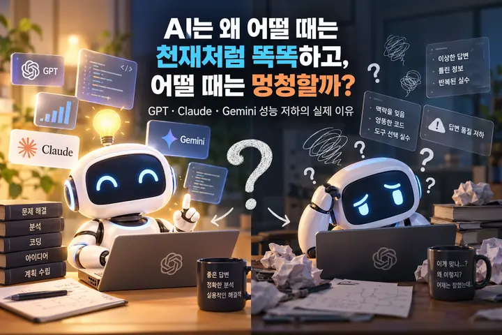 좋은 답변을 만드는 추론과 문서 분석 장면, 그리고 문맥 누락·잘못된 코드·도구 선택 실수 등이 겹친 실패 장면을 대비한 이미지