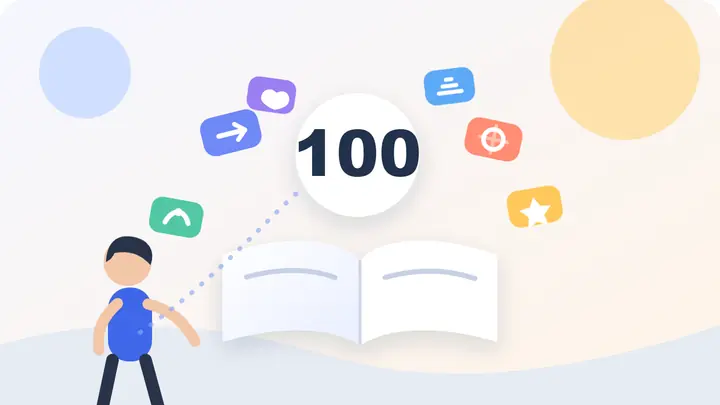 수많은 이야기 조각이 열린 책 위로 모여 숫자 100을 이루고, 독자가 그 앞에서 다양한 웹소설 클리셰를 살펴보는 장면