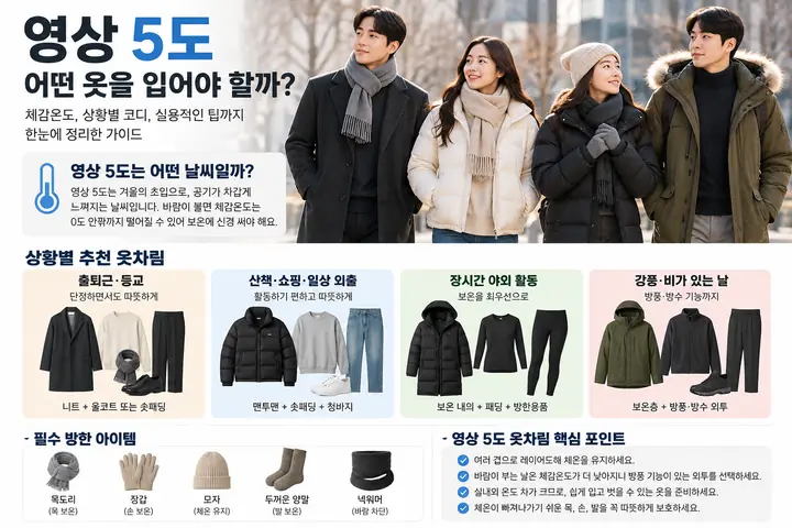 영상 5도 날씨에 어울리는 겨울 코트와 패딩 차림, 출퇴근과 산책, 장시간 야외 활동, 강풍과 비에 대비한 코디를 함께 보여주는 설명용 이미지