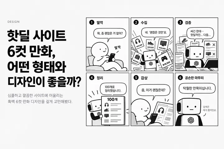 딸깍, 수집, 검증, 정리, 감상, 공손한 마무리의 여섯 장면을 흑백 사각형 컷으로 배열한 핫딜 사이트 만화 콘셉트