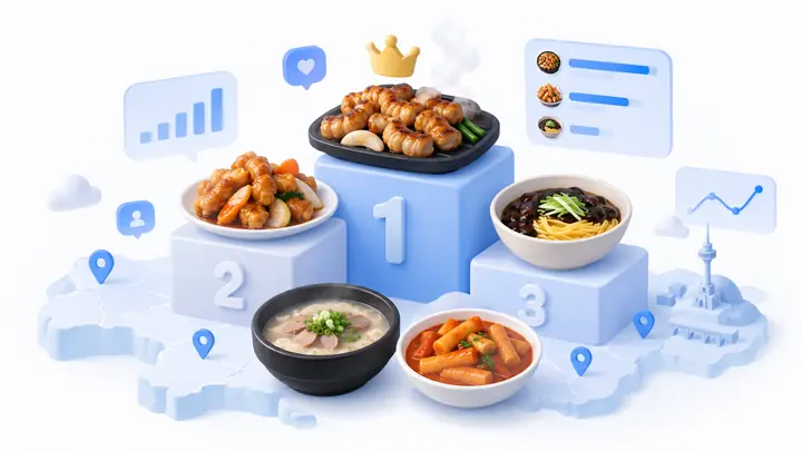 음식 접시와 1·2·3 순위대를 활용해 음식점 언급 횟수 순위를 상징적으로 표현한 파란색 에디토리얼 일러스트