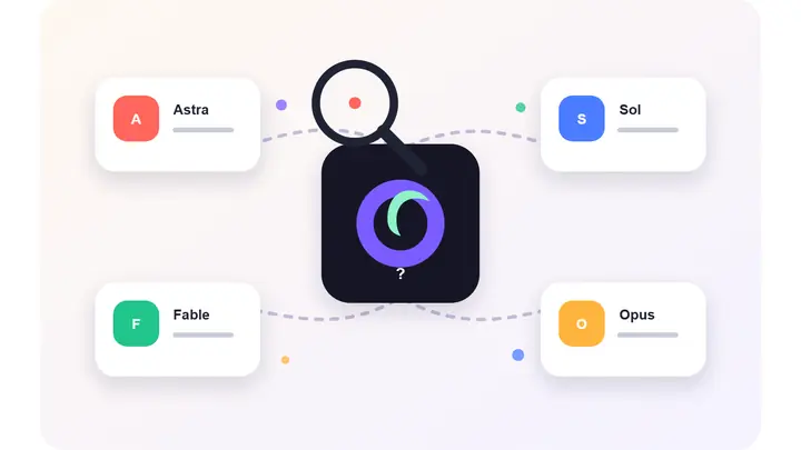Astra, Sol, Fable, Opus라는 모델 이름들이 점선으로 미확인 중앙 모델에 연결되고 돋보기가 이를 추적하는 모습을 그린 편집 일러스트